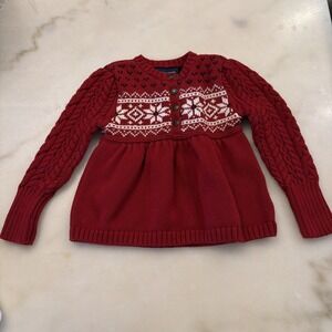 Ralph Lauren Toddler Girls Cable Knit Sweater Baby Doll Dress Sz 2/2T Red Cotton